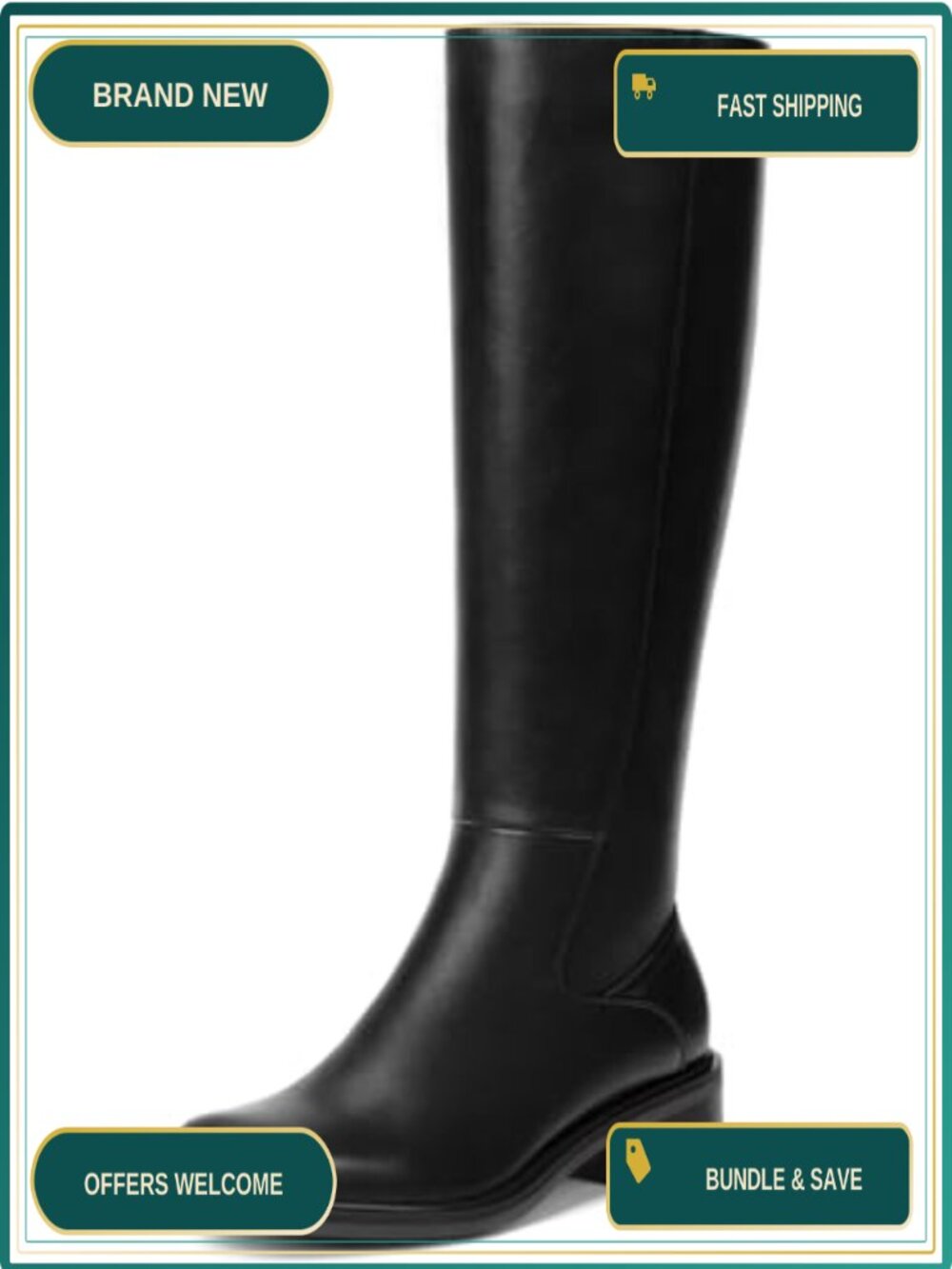 Knee High Boots Women Low Heel Square Toe Side Zipper Faux Leather Block Heel